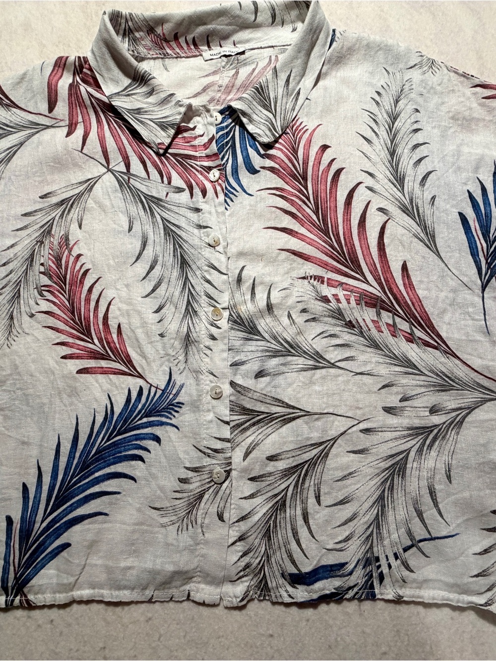 MADE IN ITALY 100% Linen Tropical Palm Leaf Button Blouse OS / TU